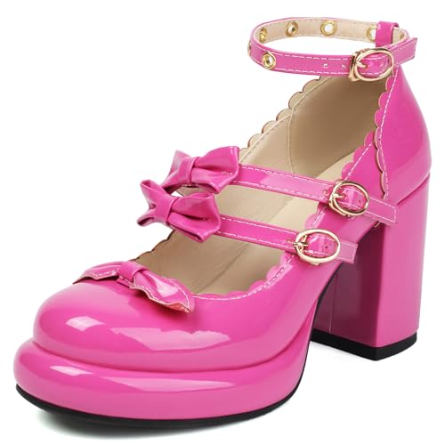 MJIASIAWA Runde Zehen Mary Jane Lovely Bogen Damen Chunky High Schuhe Hochzeit Knöchelriemchen Lolita Plateau Pumps Rose-Rot Gr 36.5 EU/37 Asiatisch von MJIASIAWA