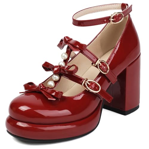 MJIASIAWA Runde Zehen Mary Jane Lovely Bogen Damen Chunky High Schuhe Hochzeit Knöchelriemchen Lolita Plateau Pumps Rot Gr 35 EU von MJIASIAWA