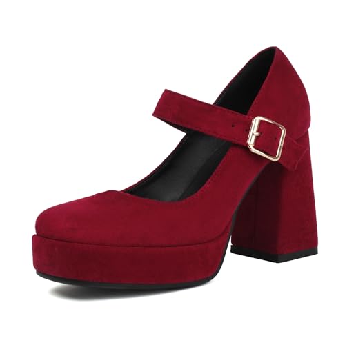 MJIASIAWA Runde Zehen Mary Jane Lovely Bogen Damen Chunky High Schuhe Hochzeit Knöchelriemchen Lolita Plateau Pumps Rot Gr 36 EU von MJIASIAWA