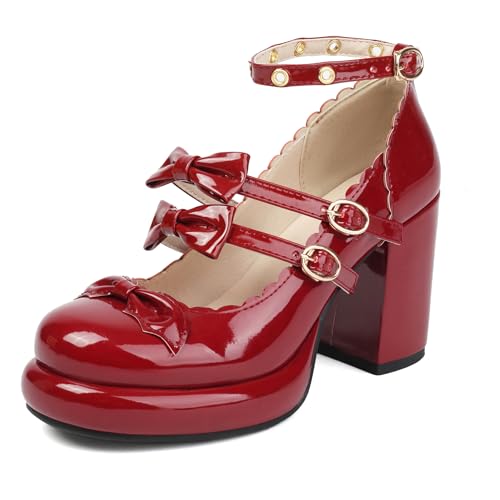 MJIASIAWA Runde Zehen Mary Jane Lovely Bogen Damen Chunky High Schuhe Hochzeit Knöchelriemchen Lolita Plateau Pumps Rot Gr 36 EU von MJIASIAWA