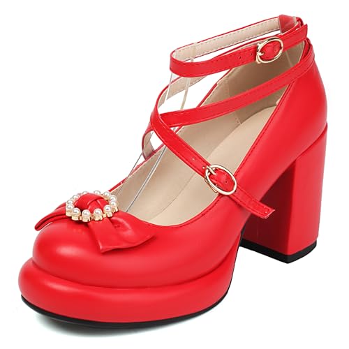MJIASIAWA Runde Zehen Mary Jane Lovely Bogen Damen Chunky High Schuhe Hochzeit Knöchelriemchen Lolita Plateau Pumps Rot Gr 37 EU/38 Asiatisch von MJIASIAWA