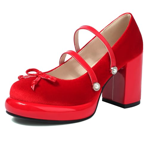 MJIASIAWA Runde Zehen Mary Jane Lovely Bogen Damen Chunky High Schuhe Hochzeit Knöchelriemchen Lolita Plateau Pumps Rot Gr 40 EU/41 Asiatisch von MJIASIAWA