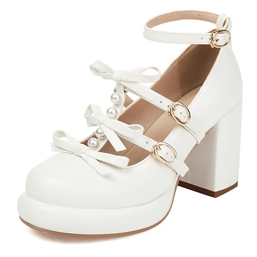 MJIASIAWA Runde Zehen Mary Jane Lovely Bogen Damen Chunky High Schuhe Hochzeit Knöchelriemchen Lolita Plateau Pumps Weiß Gr 35 EU MJIASIAWA Runde Zehen Mary Jane Lovely Bogen Damen Chunky High Schuhe Hochzeit Knöchelriemchen Lolita Plateau Pumps Weiß Gr 35 EU von MJIASIAWA