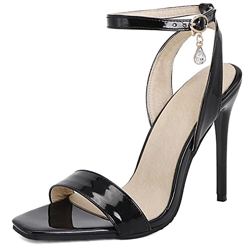 MJIASIAWA Sandalen Stiletto Damen Knöchelriemchen Offene Zeh Kleid Schuhe Sommer Elegant Abend Höhe Ferse Party Mode Schwarz Gr 46 EU/48 Asiatisch von MJIASIAWA