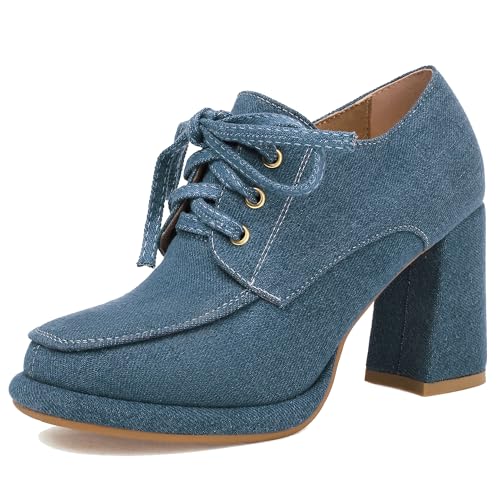 MJIASIAWA Schnüren Block Schuhe Damen Denim Party Schuhe Runde Zehen Stylish Hochzeit Chunky Plateau Pumps Buro Blau Gr 36.5 EU/37 Asiatisch von MJIASIAWA