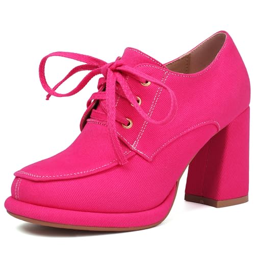 MJIASIAWA Schnüren Block Schuhe Damen Denim Party Schuhe Runde Zehen Stylish Hochzeit Chunky Plateau Pumps Buro Pink Gr 37 EU/38 Asiatisch von MJIASIAWA