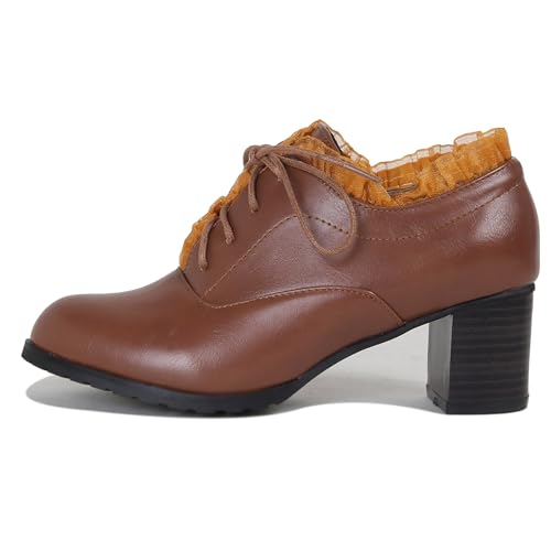 MJIASIAWA Schnüren Oxford Derby Damen Blockabsatz Arbeit Schuhe Closed Toe Business Buro Formal Kleid Schuhe Klassischer Pumps Comfy Braun Gr 35 EU von MJIASIAWA