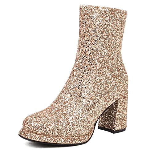 MJIASIAWA Sequins Chelsea Damen Runde Zehen Mode Hochzeit Stiefeletten Sparkly Blockabsatz Party Plateau Warm Kurzschaft Stiefel Gold Gr 38 EU/39 Asiatisch von MJIASIAWA