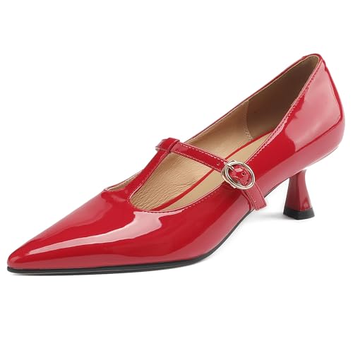 MJIASIAWA Slingback Kitten Schuhe Damen Pointed Toe Formal Ohne Verschluss Offfice Arbeit Mary Jane Hochzeit Stiletto Knöchelriemchen Rot Gr 34 EU von MJIASIAWA