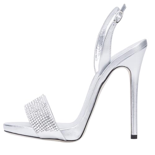 MJIASIAWA Slingback Stilettos Damen Offene Zeh Mule Sandals Ohne Verschluss Abend Höhe Ferse Elegant Hochzeit Silber Gr 43 EU/45 Asiatisch von MJIASIAWA