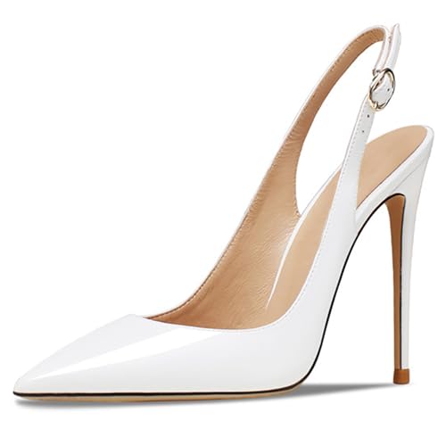 MJIASIAWA Slingback Stilettos Damen Pointed Toe Schuhe Hochzeit Formal Höhe Ferse Pumpe Elegant Weiß Gr 34 EU von MJIASIAWA