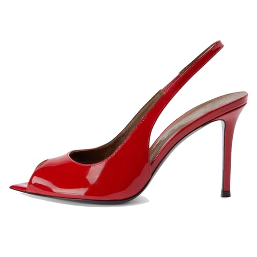 MJIASIAWA Slingback Stilettos Peep Toe Damen Elegant Abendschuhe Lack Hochzeit Formal Höhe Ferse Wildleder Rot Gr 36 EU von MJIASIAWA