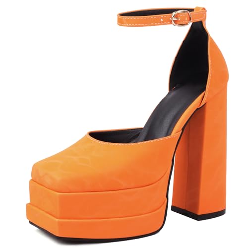 MJIASIAWA Square Toe Block Sandalen Plateau Damensandalen Mode Knöchelriemchen Hochzeit Party Chunky Höhe Ferse Orange Gr 39 EU/40 Asiatisch MJIASIAWA Square Toe Block Sandalen Plateau Damensandalen Mode Knöchelriemchen Hochzeit Party Chunky Höhe Ferse Orange Gr 39 EU/40 Asiatisch von MJIASIAWA