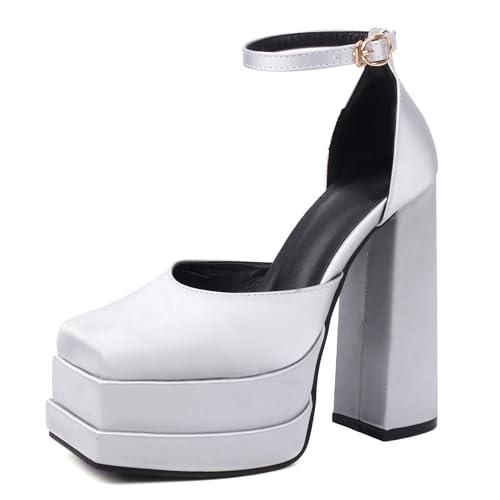 MJIASIAWA Square Toe Block Sandalen Plateau Damensandalen Mode Knöchelriemchen Hochzeit Party Chunky Höhe Ferse Silber Gr 41 EU/43 Asiatisch MJIASIAWA Square Toe Block Sandalen Plateau Damensandalen Mode Knöchelriemchen Hochzeit Party Chunky Höhe Ferse Silber Gr 41 EU/43 Asiatisch von MJIASIAWA