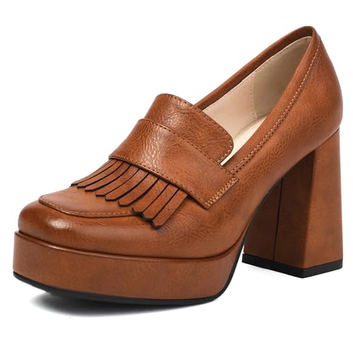 MJIASIAWA Square Toe Loafer Chunky Schuhe Damen Plateau Schuhe Ohne Verschluss Buro Arbeit Weit Fit Block Pumps Franse Braun Gr 40.5 EU/42 Asiatisch von MJIASIAWA