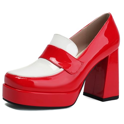 MJIASIAWA Square Toe Loafer Chunky Schuhe Damen Plateau Schuhe Ohne Verschluss Buro Arbeit Weit Fit Block Pumps Franse Rot Gr 41 EU/43 Asiatisch von MJIASIAWA