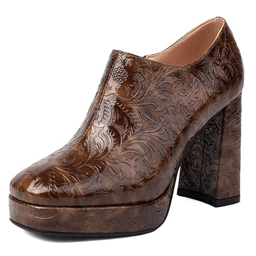 MJIASIAWA Square Toe Loafer Damen Buro Chunky Schuhe Zip Business Arbeit Formal Hohen Blockabsatz Plateau Pumps Braun Gr 39 EU/40 Asiatisch von MJIASIAWA