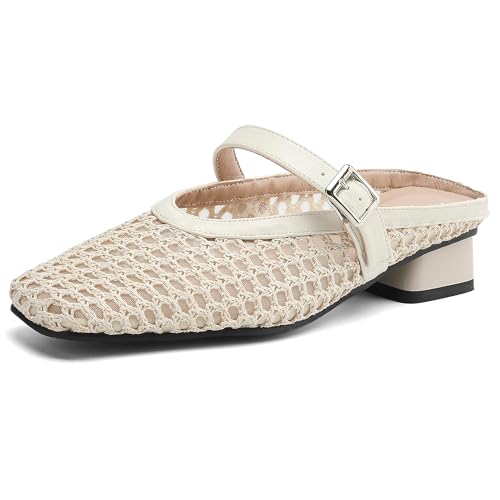 MJIASIAWA Square Toe Mule Damen Low Blockabsatz Hausschuhe Pantoffeln Sandalen Sommer Hochzeit Pantoffeln Draußen Ohne Verschluss Flip Flop Beige Gr 32 EU von MJIASIAWA
