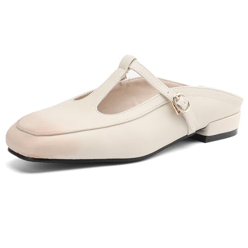 MJIASIAWA Square Toe Mule Damen Low Blockabsatz Hausschuhe Pantoffeln Sandalen Sommer Hochzeit Pantoffeln Draußen Ohne Verschluss Flip Flop Beige Gr 34 EU von MJIASIAWA