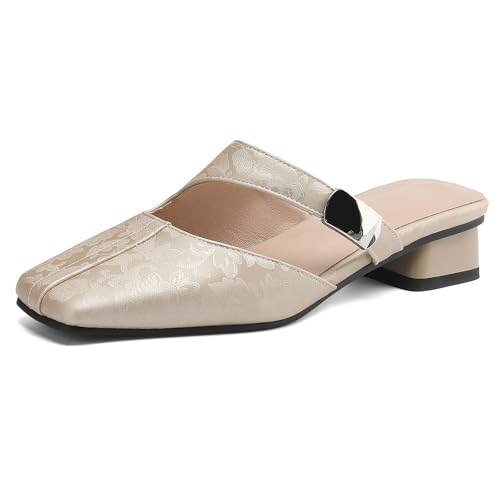 MJIASIAWA Square Toe Mule Damen Low Blockabsatz Hausschuhe Pantoffeln Sandalen Sommer Hochzeit Pantoffeln Draußen Ohne Verschluss Flip Flop Beige Gr 36.5 EU/37 Asiatisch von MJIASIAWA