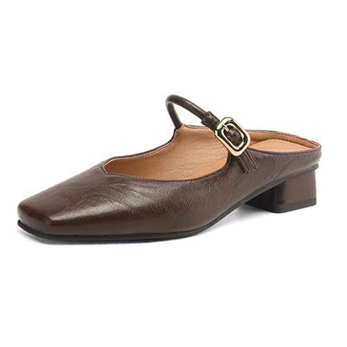 MJIASIAWA Square Toe Mule Damen Low Blockabsatz Hausschuhe Pantoffeln Sandalen Sommer Hochzeit Pantoffeln Draußen Ohne Verschluss Flip Flop Braun Gr 40.5 EU/42 Asiatisch von MJIASIAWA
