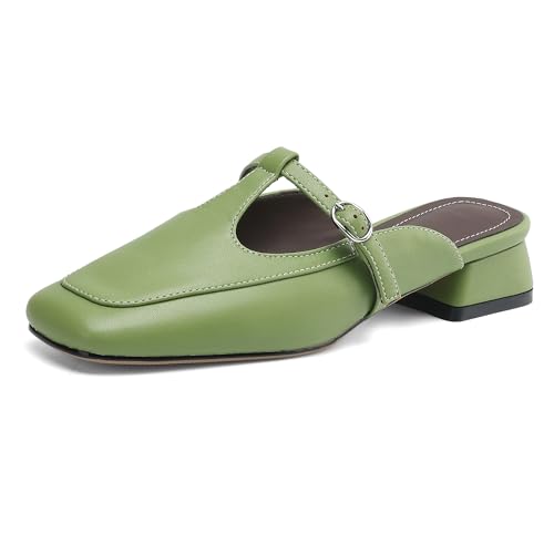 MJIASIAWA Square Toe Mule Damen Low Blockabsatz Hausschuhe Pantoffeln Sandalen Sommer Hochzeit Pantoffeln Draußen Ohne Verschluss Flip Flop Grün Gr 32 EU von MJIASIAWA