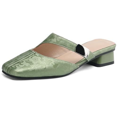 MJIASIAWA Square Toe Mule Damen Low Blockabsatz Hausschuhe Pantoffeln Sandalen Sommer Hochzeit Pantoffeln Draußen Ohne Verschluss Flip Flop Grün Gr 37 EU/38 Asiatisch von MJIASIAWA