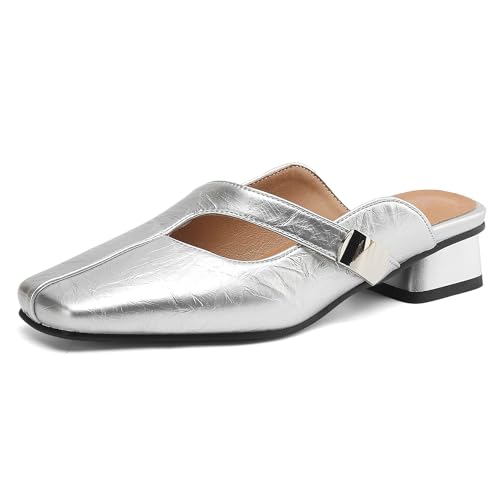 MJIASIAWA Square Toe Mule Damen Low Blockabsatz Hausschuhe Pantoffeln Sandalen Sommer Hochzeit Pantoffeln Draußen Ohne Verschluss Flip Flop Silber Gr 33 EU MJIASIAWA Square Toe Mule Damen Low Blockabsatz Hausschuhe Pantoffeln Sandalen Sommer Hochzeit Pantoffeln Draußen Ohne Verschluss Flip Flop Silber Gr 33 EU von MJIASIAWA