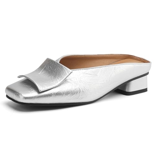 MJIASIAWA Square Toe Mule Damen Low Blockabsatz Hausschuhe Pantoffeln Sandalen Sommer Hochzeit Pantoffeln Draußen Ohne Verschluss Flip Flop Silber Gr 33 EU von MJIASIAWA
