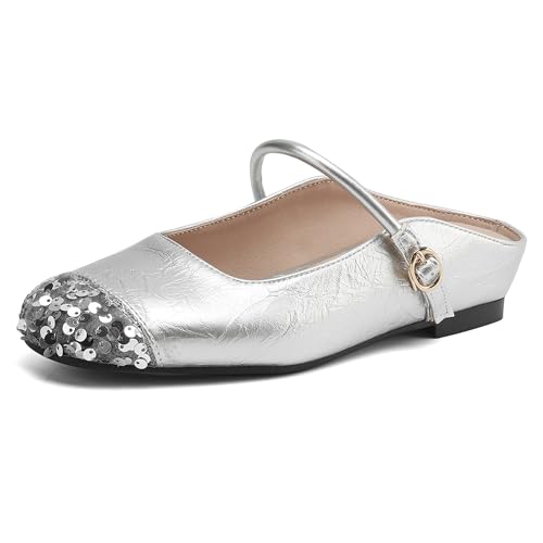 MJIASIAWA Square Toe Pantoffeln Damen Low Keilabsatz Mule Strand Geschlossen Ohne Verschluss Sommer Hausschuhe Pantoffeln Sandalen Bridal Silber Gr 32 EU von MJIASIAWA