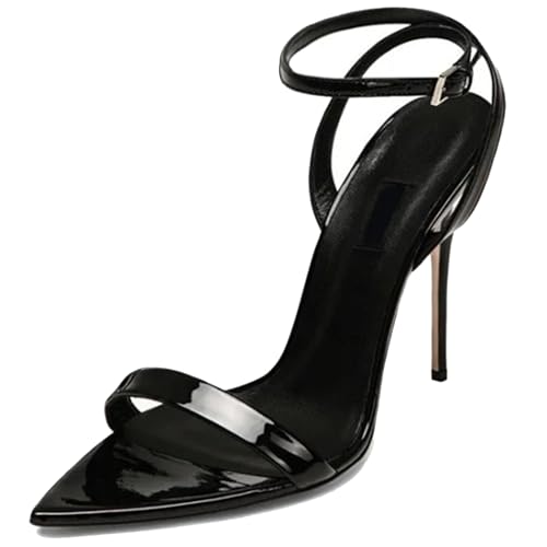 MJIASIAWA Stiletto High Sandalen Kleidy Transparent Damensandalen Sommer Party Knöchelriemchen Elegant Slingback Schwarz-Lack Gr 36 EU von MJIASIAWA