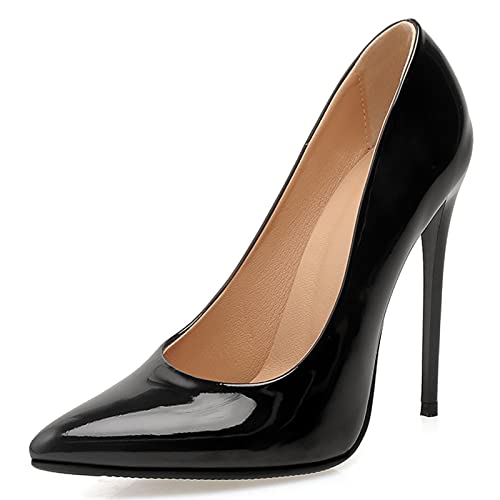 MJIASIAWA Stiletto Höhe Ferse Damen Pointed Toe Party Schuhe Abend Formal Ohne Verschluss Kleid Lack Hochzeit Bride Mode Pumps Schwarz Gr 34 EU von MJIASIAWA