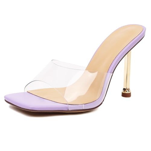 MJIASIAWA Stiletto Mule High Sandalen Damen Transparent Pantoffeln Offene Zeh Flip Flop Damen Hochzeit Party Hausschuhe Pantoffeln Sandalen Violett Gr 32 EU von MJIASIAWA