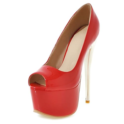 MJIASIAWA Stiletto Plateau High Schuhe Damen Peep Toe Schuhe Ohne Verschluss Nachtclub 16Cm Elegant Abend Pumps Rot Gr 37 EU/38 Asiatisch von MJIASIAWA