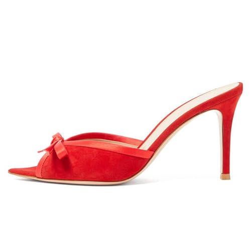 MJIASIAWA Stilettos Peep Toe Mule Damen Pantoffeln Sommer Strand Hochzeit Elegant Höhe Ferse Sandals Bogen Rot Gr 34 EU von MJIASIAWA