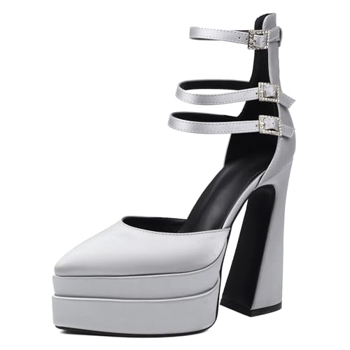 MJIASIAWA Stylish Block High Sandalen Damen Pointed Toe Sandals Hochzeit Elegant Knöchelriemchen Plateau Chunky Grau Gr 37 EU/38 Asiatisch von MJIASIAWA