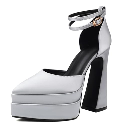 MJIASIAWA Stylish Block High Sandalen Damen Pointed Toe Sandals Hochzeit Elegant Knöchelriemchen Plateau Chunky Grau Gr 39 EU/40 Asiatisch von MJIASIAWA
