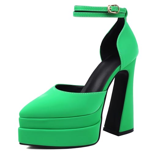 MJIASIAWA Stylish Block High Sandalen Damen Pointed Toe Sandals Hochzeit Elegant Knöchelriemchen Plateau Chunky Grün Gr 34 EU von MJIASIAWA