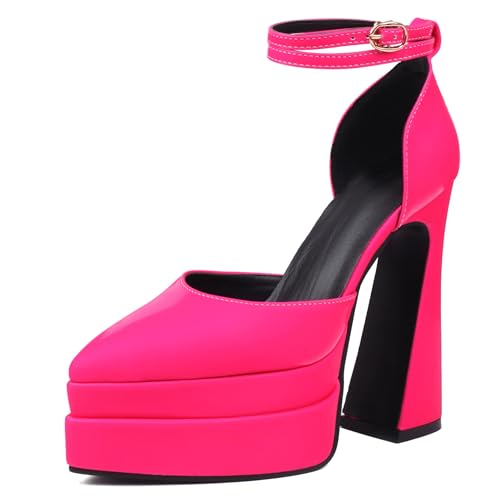 MJIASIAWA Stylish Block High Sandalen Damen Pointed Toe Sandals Hochzeit Elegant Knöchelriemchen Plateau Chunky Rose-Rot Gr 39 EU/40 Asiatisch von MJIASIAWA