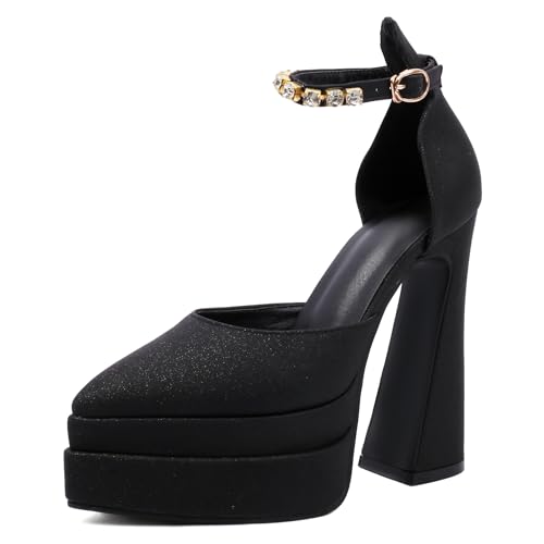 MJIASIAWA Stylish Block High Sandalen Damen Pointed Toe Sandals Hochzeit Elegant Knöchelriemchen Plateau Chunky Schwarz Gr 34 EU MJIASIAWA Stylish Block High Sandalen Damen Pointed Toe Sandals Hochzeit Elegant Knöchelriemchen Plateau Chunky Schwarz Gr 34 EU von MJIASIAWA