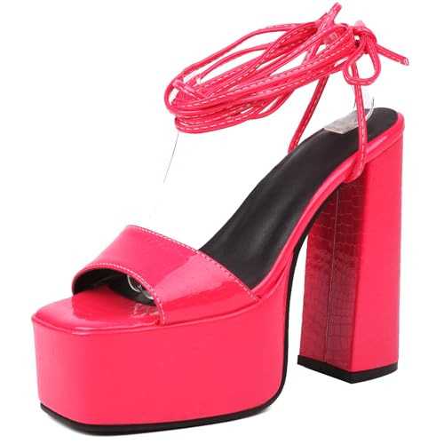 MJIASIAWA Stylish Chunky High Sandalen Damen Peep Toe Sandals Schnalle Knöchelriemchen Party Plateau Block Lack Rose-Rot Gr 35 EU von MJIASIAWA