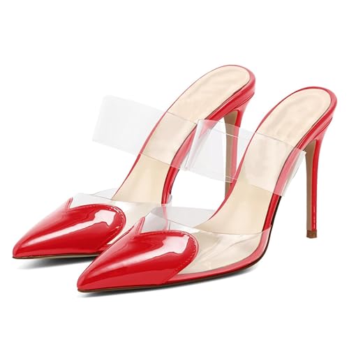 MJIASIAWA Transparent Mule Pointed Toe Damen Stiletto Pantoffeln High Sandalen Geschlossen Hochzeit Sandals Rot Gr 36 EU von MJIASIAWA