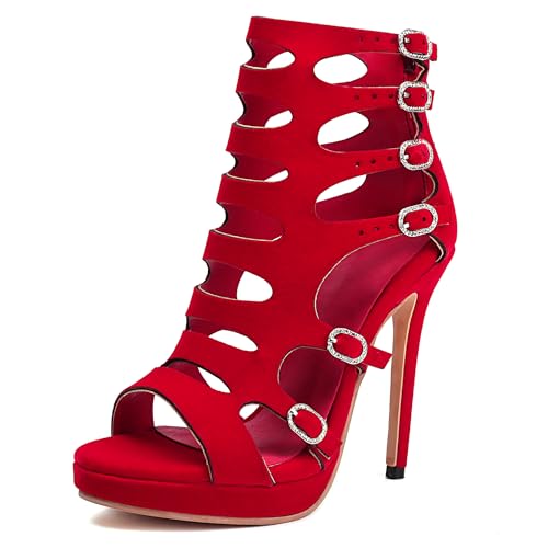 MJIASIAWA Wildleder Gladiator Damen Plateau Stiletto Sandals Sommer Offene Zeh Party High Sandalen Romisch Ankle Rot Gr 32 EU von MJIASIAWA