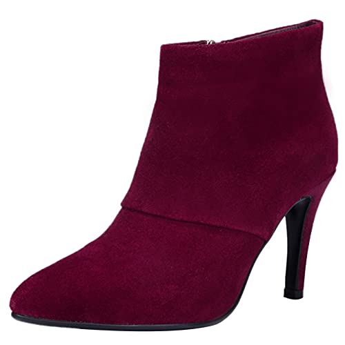 MJIASIAWA Winter Abend Stiletto Damen Pointed Toe Stiefeletten Party Mode Höhe Ferse Stiefeletten Herbst Kleid Schuhe Rotwein Gr 36 EU von MJIASIAWA