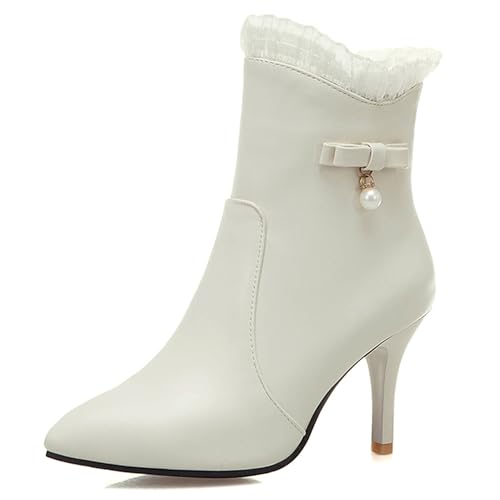 MJIASIAWA Winter Buro Stilettos Damen Stiefeletten Hochzeit Pointed Toe Elegant Höhe Ferse Bogen Stiefeletten Warm Beige Gr 43 EU/45 Asiatisch von MJIASIAWA