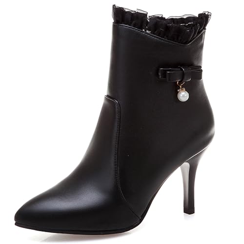 MJIASIAWA Winter Buro Stilettos Damen Stiefeletten Hochzeit Pointed Toe Elegant Höhe Ferse Bogen Stiefeletten Warm Schwarz Gr 40.5 EU/42 Asiatisch von MJIASIAWA