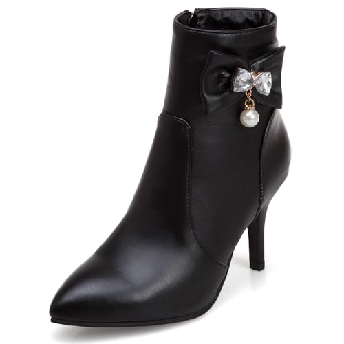 MJIASIAWA Winter Buro Stilettos Damen Stiefeletten Hochzeit Pointed Toe Elegant Höhe Ferse Bogen Stiefeletten Warm Schwarz Gr 44 EU/46 Asiatisch von MJIASIAWA