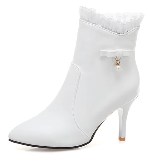 MJIASIAWA Winter Buro Stilettos Damen Stiefeletten Hochzeit Pointed Toe Elegant Höhe Ferse Bogen Stiefeletten Warm Weiß Gr 35 EU von MJIASIAWA