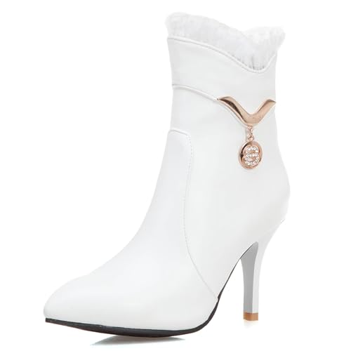 MJIASIAWA Winter Buro Stilettos Damen Stiefeletten Hochzeit Pointed Toe Elegant Höhe Ferse Bogen Stiefeletten Warm Weiß Gr 36.5 EU/37 Asiatisch von MJIASIAWA