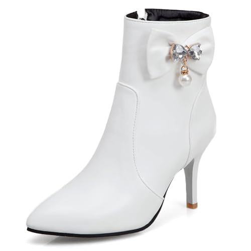 MJIASIAWA Winter Buro Stilettos Damen Stiefeletten Hochzeit Pointed Toe Elegant Höhe Ferse Bogen Stiefeletten Warm Weiß Gr 39 EU/40 Asiatisch von MJIASIAWA